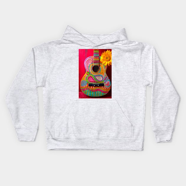 Poetry Guitar Leaning Against Red Wall Kids Hoodie by photogarry